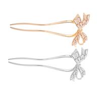 minkissy 2pcs French Twist Hair Pins U Shaped Rhinestone Bow Hair Forks Silver Gold Vintage Bridal Accessories for Women Wedding Evening Chignon Sticks