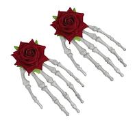 minkissy 2Pcs Hand Skeleton Bone Hair Clips with Rose Flower Design Halloween Hair Accessories for Costume Parties Cosplay and Photography