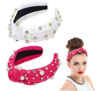 minkissy 2pcs Jeweled Wide Knotted Headband for Women Cream Pearl Hair Accessory for Parties and Daily Wear