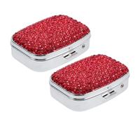 minkissy 2pcs Portable Pill Organizer with 2 Compartments, Compact Rectangle Medicine Storage Box Made of Metal Rhinestones, Convenient Travel and Office Case, Cute and Chic Design in Red