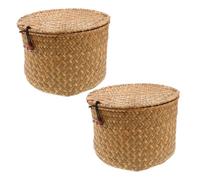minkissy 2pcs Seagrass Desktop Waste Bin with Lid, Mini round Cylinder Basket for Mess-free Storage, Stable Placement, and Space-saving Design, for Home Entryway or Study Desk Organizing