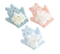 minkissy 3pcs Infant Bathing Mitt Set Baby Wash Gloves Dual-Sided Cartoon Bath Scrubbing Gloves for Gentle Baby Skin Care in Blue, Orange Pink and Mint Green