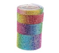 minkissy 4 Rolls Self-Adhesive Rhinestone Ribbon Strips, Sparkling Crystal Diamond Trimming Tape for DIY Crafts, Clothing, Phone Case Decoration, Multi-Width Rainbow Gem Roll Set