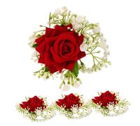 minkissy 4Pcs Bridal Wrist Corsage Artificial Flower Wristlet for Wedding Bridesmaids Prom Banquet Party Decorative Red Rose Floral Bands with Pearl Accents Elegant Hand Flowers for