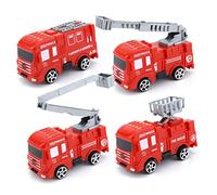 minkissy 4Pcs Fire Truck Models Cake Decorations Plastic Firefighter Ornaments for Birthday Parties Cartoon Design Baking Adornments for Boy Girl Fun Firefighting Truck Decor