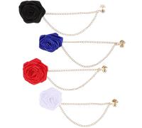 minkissy 4pcs Rose Boutonniere Brooch Pin with Tassel Chain for Wedding Party Groom Corsage Simulated Flower Lapel Pin Set in White Black Red and Blue