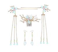 Minkissy 5Pcs Chinese Vintage Long Tassel Hair Stick Tiara Headpiece Flower Crystal Hair Pins Hair Comb Earrings Headwear Sets Hanfu Hair Sticks for Women Girls