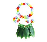 minkissy 5pcs Skirt Set for Hawaiian Costume with Green Leaves Bracelets Headband for Luau Party Supplies Beach Events