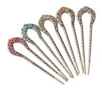 minkissy 5pcs Vintage Rhinestone Hair Forks for Buns u Shaped Double Prong Hair Pins Chinese Accessories in Purple Coffee Blue Red and Floral Designs for Weddings and Parties