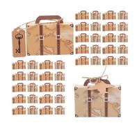 minkissy 60pcs Mini Paper Suitcase Party Favor Boxes with Vintage World Map Design, Kraft Candy Storage Containers with Tags for Wedding, Travel Theme, and Celebration
