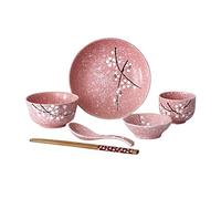 minkissy 6Pcs Japanese Ceramic Tableware Set Chic Dinnerware Kit with Bowl Plate Cup Spoon and Chopsticks Pink Modern Design for Home Dining