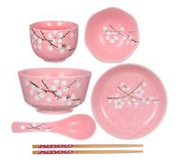 Minkissy 6Pcs Japanese Ceramic Tableware Set Pink Dinner Sets Ceramic Dinnerware Including Bowl Plate Cup Spoon and Chopsticks Stackable Space-Saving Design for Home Restaurant