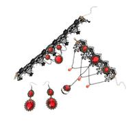 minkissy Black Lace Necklace Gothic Statement Choker Red Gemstones Halloween Accessories for Vampire Cosplay Women Fashion Jewelry for Party Occasion
