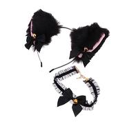 minkissy Cat Ear Headband and Lace Collar Set with Bell for Cosplay Black Faux Fur Pink Bow Cute Accessories for Halloween Parties Costume Events