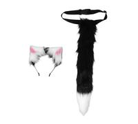minkissy Cat Ears Headband with Tail Set Lightweight Soft Furry Animal Costume Accessories for Cosplay Halloween and Fancy Dress Parties Realistic Black and White Cat Tail Kit for Women