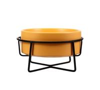 minkissy Ceramic Pet Feeding Bowl with Black Iron Raised Stand 14cm Yellow Cat and Dog Bowl Spine Protection Elevated Feeder for Small to Medium Pets