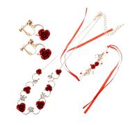 minkissy Elegant Bridal Jewelry Set for Women Red Rose Rhinestone Necklace Earrings and Wristband Wedding and Formal Occasion Accessories Valentine Jewelry
