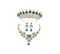 minkissy Elegant Green Bride Crown Necklace and Earring Set for Women Alloy Wedding Jewelry Accessories for Bridal Party and Prom Stylish Three Piece Costume Jewelry