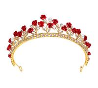 minkissy Golden Red Rose Headband Princess Crown Headpiece with Crystals Elegant Bride Queen Headdress for Wedding