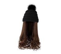minkissy Knit Hat Wig Beanie Hat Hair Attached Detachable Long Wavy Curly Synthetic Hairpiece Warm Winter Knitted Pompom Cap Elastic Adjustable Fit for Women Cosplay Party