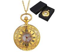 minkissy Mechanical Pocket Watch Gold Roman Numeral for Men Women Vintage Style Pocket Watch Keychain Case