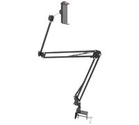 minkissy Metal Desktop Phone and Tablet Stand, Foldable Extendable Lazy Arm Holder with Universal Clamp, Black, Adjustable Bed and Desk Mount for Video Watching and Reading