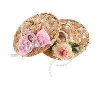 minkissy Mini Straw Hats Comfortable and Adorable Headwear 2 Pcs for Pets with Pearl Flower and Pink Bow Tie for Birds and Parrots at Tiki Parties and Tea Parties