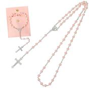 minkissy Pink Pearl Cross Rosary Necklace for Women with Storage Bag Lightweight Roman Catholic Prayer Beads Durable Beaded Crucifix Pendant Multi Functional Religious Jewelry Accessory