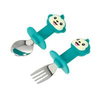minkissy Short Handle Stainless Steel Fork and Silicone Spoon Non Slip Training Tableware for Food Grade Safe High Temperature Resistant Cartoon Monkey Design Dark Green