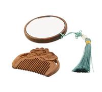 minkissy Vintage Hand Carved Wooden Hand Mirror and Comb Set with Tassel Lightweight Compact Grooming Vanity for Travel Home Office and Daily Use Gentle Detangling and Design