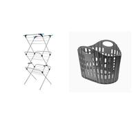 Minky 3 Tier Plus Clothes Airer & Addis Flat Easy Store Laundry Basket Hamper, Dark Grey, 38 Litre 518150