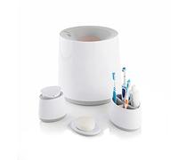 Minky Bathroom Accessory Bundle, 4 Pieces Bathroom Set Includes: Waste Bin, Storage Caddy, Soap Dish, Soap Dispenser, Bathroom and Toilet Accessories, White & Light Grey