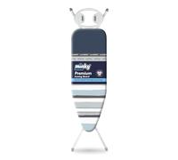 Minky Large Premium 122 x 38 cm Ironing Board, Height Up To 96cm, UK Made | Alloy steel 4-leg frame, Blue striped mesh cover, Multi-height adjustment, Foldable design, UK manufactured