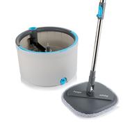 Minky Opti-Clean Spin Mop, 360° Spin & Rinse & Wringing System, Reusable Powerful Microfibre Velcro Pad, Dual Cavity 2L Bucket with Sturdy Handle, Light Grey Bucket with Dark Grey Trim & Blue Accents