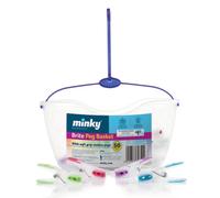 Minky Peg Basket with 24 Brite Pegs, Durable Plastic Bag with Water Draining Holes, Strong Hook, Assorted Colours