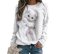 MINNAQ Women's Cute White Cat 3D Printed T-Shirt Long Sleeve Funny Graphic Pullover Sweater Sweatshirts