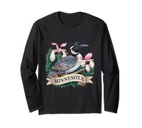 Minnesota Common Loon Bird and Lady's Slippers Flower Long Sleeve T-Shirt