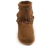 Minnetonka Double Fringe Side Zip Boot Moccasin Boots Womens Braun (Dusty Brown) 36.5 EU