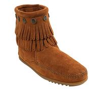Minnetonka Double Fringe Side Zip Boot Moccasin Boots Womens Braun (Dusty Brown) 36.5 EU