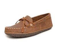 Minnetonka Men's Tarik - Suede Mocassins for Men - Water-Resistant Indoor Outdoor Slippers with MinnTREAD Rubber Sole, 9 M Brown