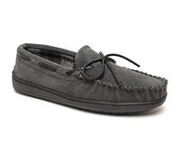 Minnetonka Plaid Lined Hardsole - Moccasin Slippers for Men Made with Suede Upper, Rubber Sole, Plush Interior, Fleece Lining, Rawhide Lace, and Traditional Moccasin Design, Charcoal, 8 UK