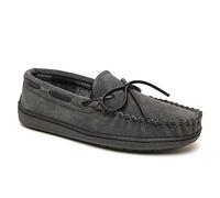 Minnetonka Plaid Lined Hardsole - Moccasin Slippers for Men Made with Suede Upper, Rubber Sole, Plush Interior, Fleece Lining, Rawhide Lace, and Traditional Moccasin Design, 10 M Charcoal