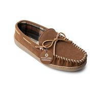 Minnetonka Plaid Lined Hardsole - Moccasin Slippers for Men Made with Suede Upper, Rubber Sole, Plush Interior, Fleece Lining, Rawhide Lace, and Traditional Moccasin Design, Whiskey, 10 UK