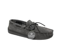 Minnetonka Plaid Lined Hardsole - Moccasin Slippers for Men Made with Suede Upper, Rubber Sole, Plush Interior, Fleece Lining, Rawhide Lace, and Traditional Moccasin Design, Charcoal, 11 UK