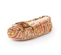 Minnetonka Women’s Cally Moccasin Slippers Handcrafted with Soft Suede Leather, Printed Fabric, Thin Rubber Sole, and Pile Lining, Brown Multi, 9 UK