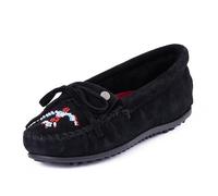 Minnetonka Women s Thunderbird Animikii Hardsole Moccasins for Women with a Classic Leather Moccasin Silhouette, Cushioned Footbed, and Beaded Moccasin Design, Black, Size 8.5