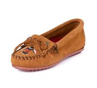 Minnetonka Women s Thunderbird Animikii Hardsole Moccasins for Women with a Classic Leather Moccasin Silhouette, Cushioned Footbed, and Beaded Moccasin Design, Brown, Size 6
