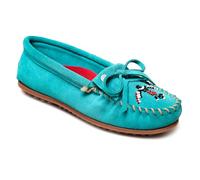 Minnetonka Women s Thunderbird Animikii Hardsole Moccasins for Women with a Classic Leather Moccasin Silhouette, Cushioned Footbed, and Beaded Moccasin Design, Turquoise, Size 10