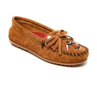Minnetonka Women s Thunderbird Animikii Hardsole Moccasins for Women with a Classic Leather Moccasin Silhouette, Cushioned Footbed, and Beaded Moccasin Design, Brown, 9.5 Wide