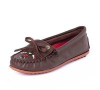 Minnetonka Women’s Thunderbird “Animikii” Hardsole - Moccasins for Women with a Classic Leather Moccasin Silhouette, Cushioned Footbed, and Beaded Moccasin Design, Dark Brown, 3 UK